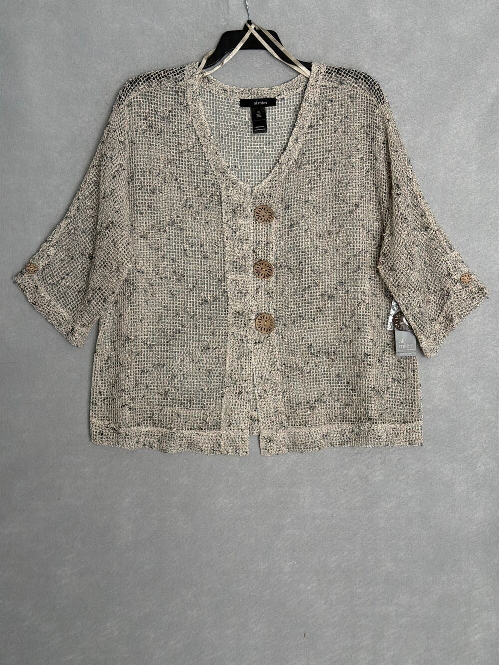 Ali Miles Woven Mesh Jacket Button Front in Khaki Women's 1X NEW